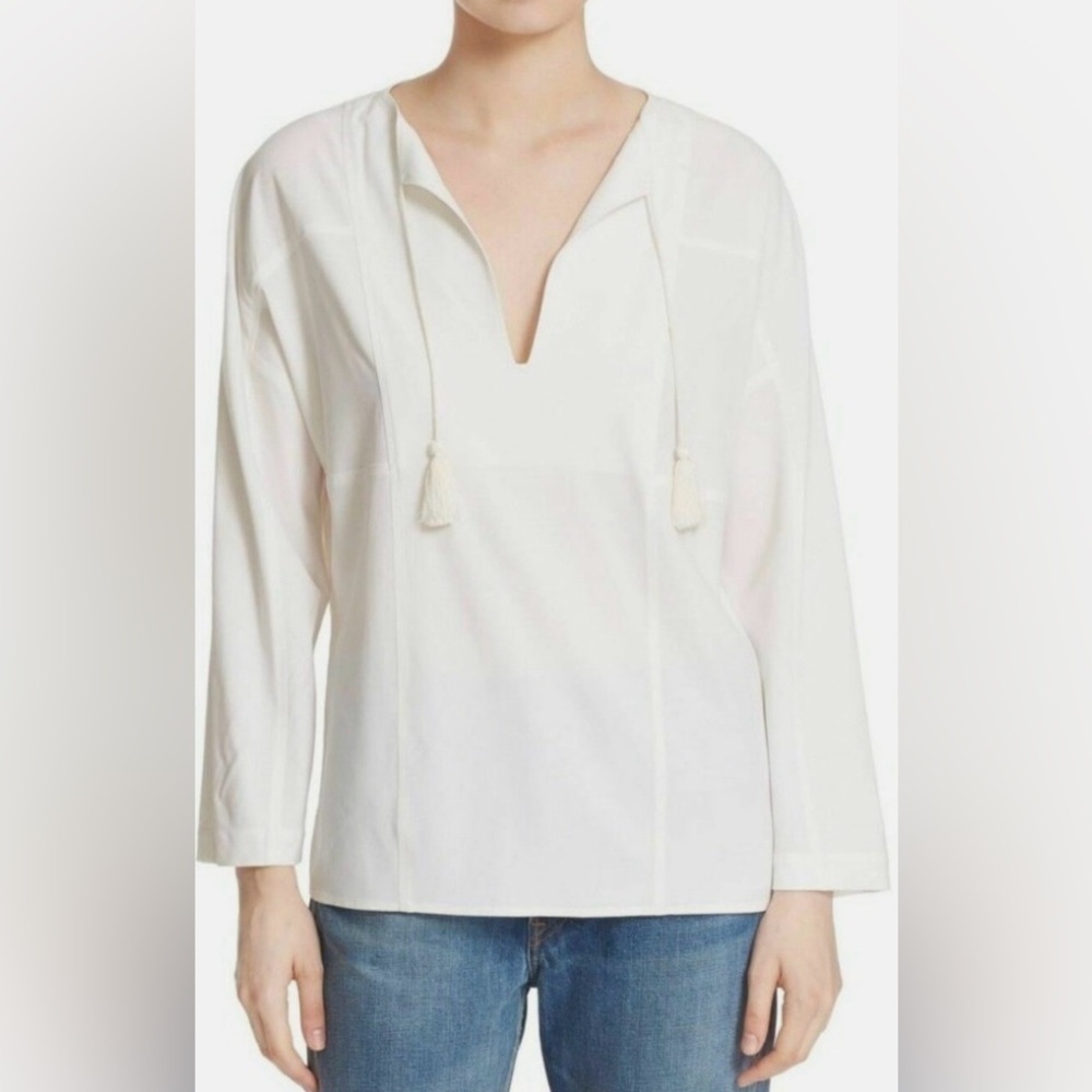 VINCE Ivory Tassel Tie Blouse | Soft V‑Neck Long Sleeve Top summer